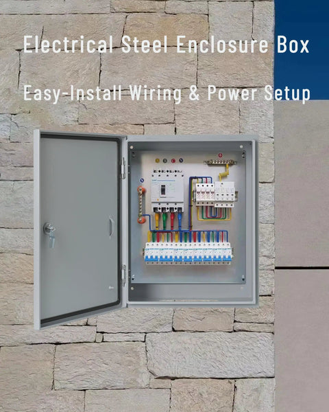 Rugged Weatherproof Outdoor Electrical Enclosure Box 8 By 8 By 6 Inch With Reinforced Lock, Heavy Duty Steel Junction Box For Harsh Environments, No-Fuss Install Backplane, Corrosion-Resistant Weatherproof Cabinet. Open steel enclosure with wiring and breakers