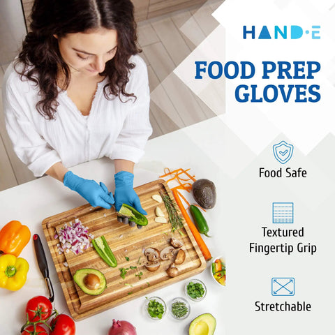 No Sweat Blue Nitrile Gloves Medium 100 Count Built Tough At Three Mil Thick Powder Free Latex Free With Slick Textured Grip Ideal For Kitchen Cooking House Cleaning And Beauty Salons Smooth Reliable Safety For Any Job You Grab, worn during food prep with vegetables.