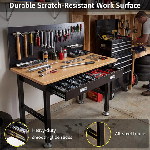 Heavy Duty 39.4 Inch Steel Workbench With Drawer And Pegboard 2000 Lb Capacity Garage Workshop Table, tools on pegboard
