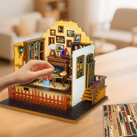 Hand assembling Totally Awesome Miniature Dollhouse Kit With 3D Wooden Tiny Building Model Puzzle And LED Lights for beginners.