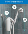 Shower Filter For Hair And Skin That Slashes Chlorine By Ninety Percent attached to shower head with size dimensions.