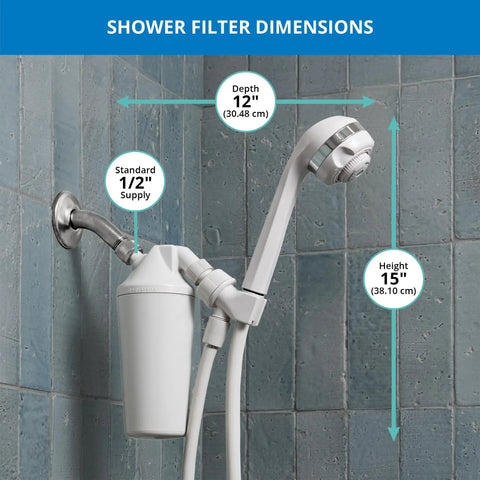 Shower Filter For Hair And Skin That Slashes Chlorine By Ninety Percent attached to shower head with size dimensions.
