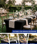 Slick Top Notch Two Pack Black 6Ft Fitted Tablecloth Rectangle Spandex Blend Cover used for elegant outdoor dining setup.