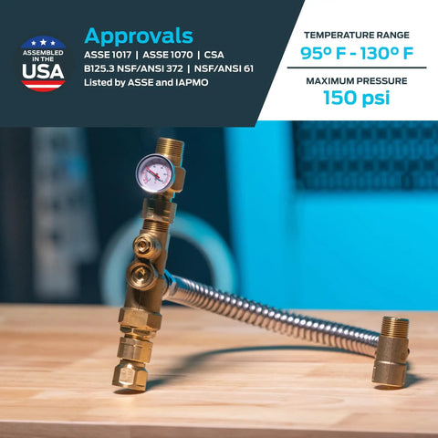 Three Quarter Inch Tank Booster Water Heater Thermostatic Mixing Valve Kit With Corrugated Hose, pressure gauge visible