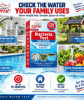 E. Coli Bacteria Water Test Kit packaging shown with pool and well water images, designed for fast home testing results.