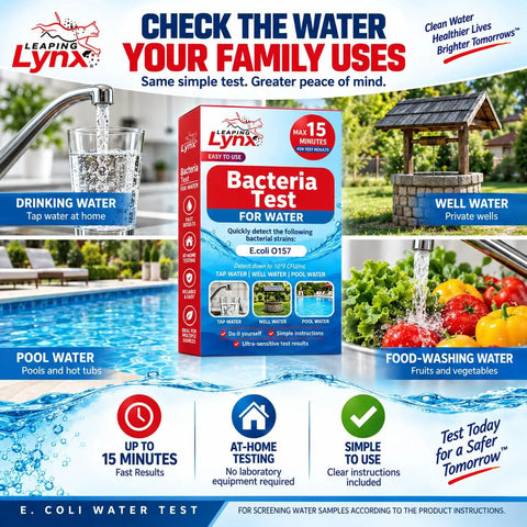 E. Coli Bacteria Water Test Kit packaging shown with pool and well water images, designed for fast home testing results.