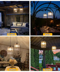 Battery Operated Chandelier With Acrylic Crystal Beads Waterproof Hanging Pendant Lights Dimmable Timer For Patio Decor Two Pack in various settings: pergola, patio, indoors, and gazebo.