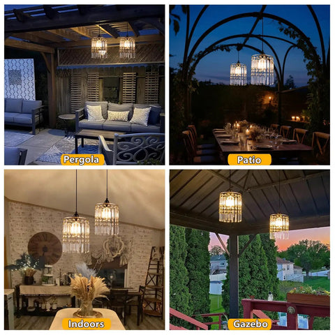 Battery Operated Chandelier With Acrylic Crystal Beads Waterproof Hanging Pendant Lights Dimmable Timer For Patio Decor Two Pack in various settings: pergola, patio, indoors, and gazebo.