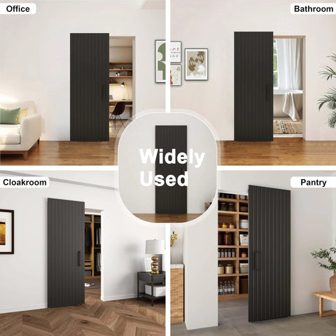 Concealed Sliding Barn Door With Soft Close For Interior Use shown in office, bathroom, cloakroom, pantry; black vinyl wrapped, 30x84 inches.