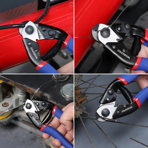 Heavy Duty Cable Cutter For Hard Wire Ropes And Aircraft Cables, Seven And A Half Inch Chrome Vanadium Steel Jaw in use on cables