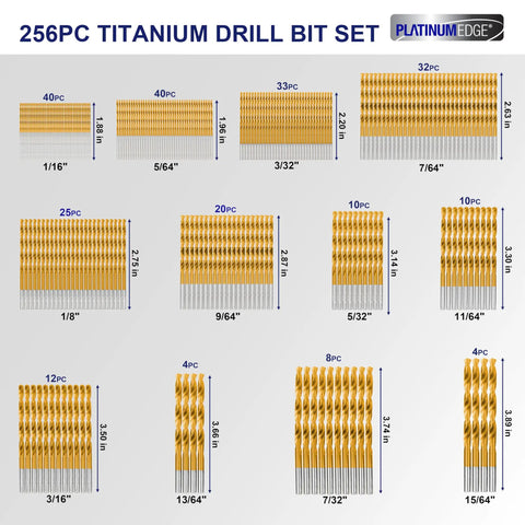 256-piece titanium drill bit set with various sizes arranged in rows, featuring high-speed steel bits for wood, metal, and plastic.