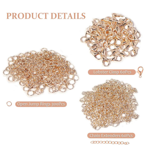 All Size Slider Clasp Jewelry Making Kit in rose gold showing open jump rings, lobster clasps, and chain extenders with quantities.