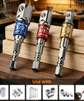 Impact Socket Adapter Extension Set Converts Your Drill To A Nut Driver With 1/4 Inch Hex Shank And 1/4 Inch 3/8 Inch 1/2 Inch Drive Cr-V Steel Anti Slip Locking For Fast DIY Home Repair 3 Piece displayed in a workshop setting.