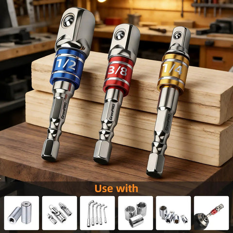 Impact Socket Adapter Extension Set Converts Your Drill To A Nut Driver With 1/4 Inch Hex Shank And 1/4 Inch 3/8 Inch 1/2 Inch Drive Cr-V Steel Anti Slip Locking For Fast DIY Home Repair 3 Piece displayed in a workshop setting.