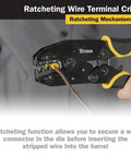 Person using Ratcheting Wire Terminal Crimper Tool For Insulated Terminals With Fixed Jaw Adjustable Clamping And Double Crimp Die