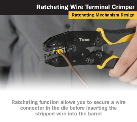 Person using Ratcheting Wire Terminal Crimper Tool For Insulated Terminals With Fixed Jaw Adjustable Clamping And Double Crimp Die