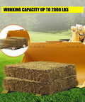 Pro Grade Heavy Duty Clamp On Pallet Forks, 2000 Lb Capacity, 43 Inch Length With Adjustable Stabilizer Bar lifting hay bales on a loader