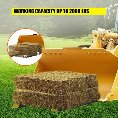 Pro Grade Heavy Duty Clamp On Pallet Forks, 2000 Lb Capacity, 43 Inch Length With Adjustable Stabilizer Bar lifting hay bales on a loader
