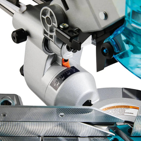Close-up of Eight And A Half Inch Sliding Compound Miter Saw With Ten Point Five Amp Direct Drive Motor Packs Five Thousand RPM Bevels Zero To Forty Seven Degrees Portable Thirty Point Six Pounds Cuts Up To Twelve Inches At Ninety Degrees showing the bevel adjustment mechanism.