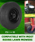 11x4.00-5 Tire And Wheel Assembly For Lawn Mowers And Turf Tractors With Tube 4 Ply For Easy Swap 3.4 Centered Hub And 3/4 Bearing Universal Fit Replacement Rim And Tire Set on a lawn mower and separate rim.