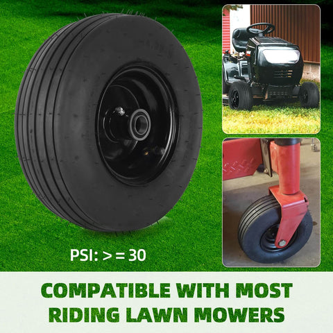 11x4.00-5 Tire And Wheel Assembly For Lawn Mowers And Turf Tractors With Tube 4 Ply For Easy Swap 3.4 Centered Hub And 3/4 Bearing Universal Fit Replacement Rim And Tire Set on a lawn mower and separate rim.
