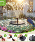 2.5W Solar Fountain Pump With 6 Nozzles For Bird Bath Garden Pond Pool Fish Tank Outdoor Water Feature Sun Powered Ready In Seconds No Fuss Setup For Aquarium And Yard Decor in bird bath with flower accents and bluebird perched on edge