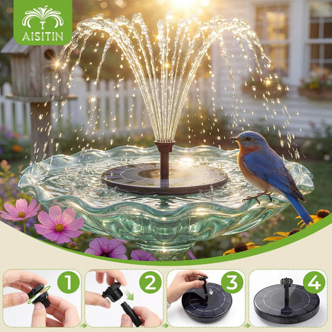 2.5W Solar Fountain Pump With 6 Nozzles For Bird Bath Garden Pond Pool Fish Tank Outdoor Water Feature Sun Powered Ready In Seconds No Fuss Setup For Aquarium And Yard Decor in bird bath with flower accents and bluebird perched on edge