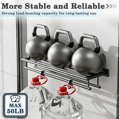 Matte Black 20 Inch Wall Mount Towel Rack with Double Bars and Shelf SUS304 Stainless Steel Bathroom Towel Holder, holding kettlebells and jugs, max 50lb load.