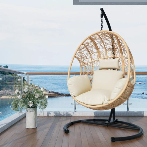Oversized Hanging Egg Chair With Stand For Indoor And Outdoor Use Wicker Swing Chair With 400Lb Capacity Perfect For Bedroom Patio Garden Or Balcony Beige Nest Extra Wide Comfort For One Person on balcony