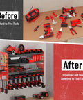 Before and after image of Power Tool Organizer Wall Mount With Charging Station 4 Layer Heavy Duty Metal Cordless Tool Rack With 8 Drill Slots And Hammer Screwdriver Holders Garage Ready Tool Storage Shelf Red Pro showing tool organization from disarray to neatly arranged on the mounted rack.