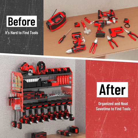Before and after image of Power Tool Organizer Wall Mount With Charging Station 4 Layer Heavy Duty Metal Cordless Tool Rack With 8 Drill Slots And Hammer Screwdriver Holders Garage Ready Tool Storage Shelf Red Pro showing tool organization from disarray to neatly arranged on the mounted rack.