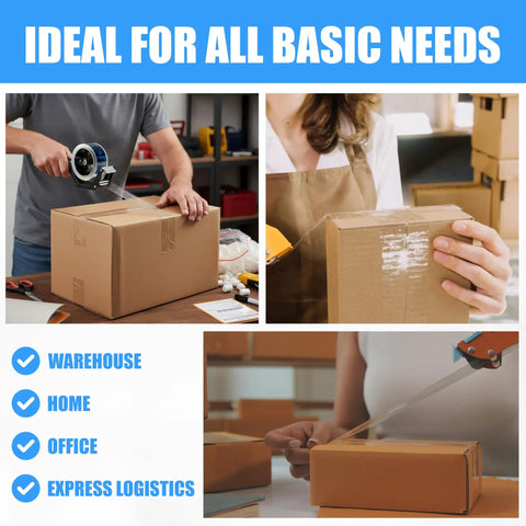 Collage of people using Genesis Heavy Duty Packing Tape Set With 12 Crystal Clear Rolls 1.88 Inch Wide 60 Yards Each for sealing boxes.