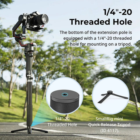 Game Changing Carbon Fiber Gimbal Extension Pole For Dji Rs Stabilizers showing 1/4"-20 threaded hole for tripod mounting.