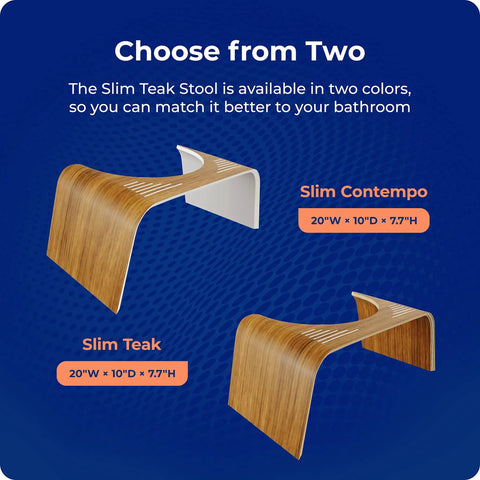 Two Contempo Slim Teak Finish Toilet Stools in brown and white, 7 Inch Height, for no strain bathroom sessions.