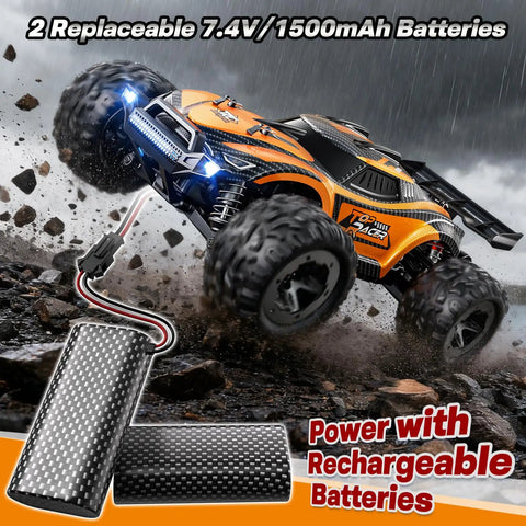 All Terrain 4x4 Off Road Remote Control Car For Adults With 38+ KPH Speed, RC monster truck with batteries on rocky terrain