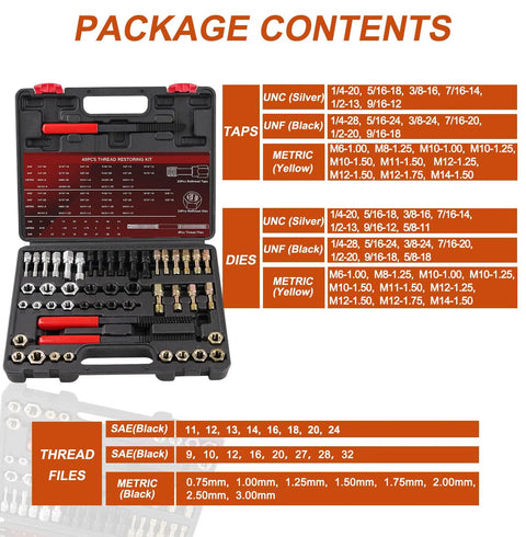 Marvelity 49-piece thread chaser and repair kit in a case; 22 taps, 24 dies, 3 files for UNC/UNF/metric bolts, nuts and screws.