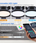 Dimmable LED lights showing warm, neutral, and white options for the 52 Inch Flush Mount Ceiling Fan With Built In Rgb Lights And Dimmable Warming Glow Featuring Brushless Reversible Motor With Six Adjustable Speeds And Low Profile Slim Frame Perfect For Modern Lounges Or Friday Night Kickbacks In Crisp Matte Black.