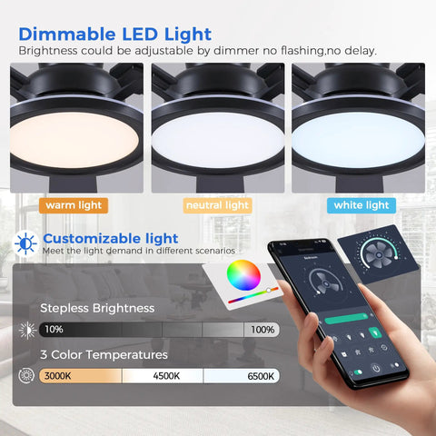 Dimmable LED lights showing warm, neutral, and white options for the 52 Inch Flush Mount Ceiling Fan With Built In Rgb Lights And Dimmable Warming Glow Featuring Brushless Reversible Motor With Six Adjustable Speeds And Low Profile Slim Frame Perfect For Modern Lounges Or Friday Night Kickbacks In Crisp Matte Black.