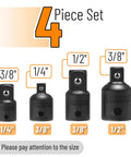 Impact Socket Adapter And Reducer Set, 4-Piece Drive Size Conversion Kit For 1/2 To 3/8, 3/8 To 1/4, 3/8 To 1/2, And 1/4 To 3/8 Inch