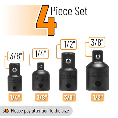 Impact Socket Adapter And Reducer Set, 4-Piece Drive Size Conversion Kit For 1/2 To 3/8, 3/8 To 1/4, 3/8 To 1/2, And 1/4 To 3/8 Inch
