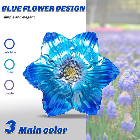 Glass Flower Pattern Bird Bath With Metal Stake For Outdoor Garden Yard Lawn Decor Blue Glass Bird Feeder Bowl Attracts Birds