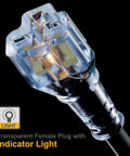 10-Foot NEMA 6-20P Extension Cord 20A 250V 12 AWG Heavy Duty With Red Indicator Light For Air Conditioners And 250V Equipment NEMA 6-20R And 6-15R T-Blade Receptacles Black with transparent plug and indicator light.