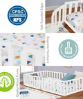 Corner view of Twin Size Solid Wood Montessori Floor Bed Frame With Secure Guard Rail And Playful Front Door Design.