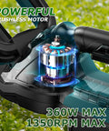Close-up of cordless hedge trimmer with visible motor showing 360W max, 1350RPM, ideal for yard garden lawn care landscaping.