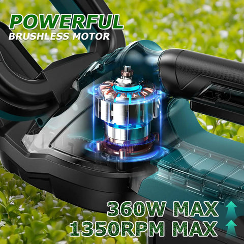 Close-up of cordless hedge trimmer with visible motor showing 360W max, 1350RPM, ideal for yard garden lawn care landscaping.