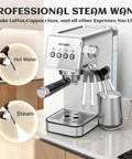 Semi Automatic Espresso Machine With 20 Bar Italian Pump Shooting Thick Rich Crema Paired With A Swift Milk Frother Wand, stainless steel finish, steamer.