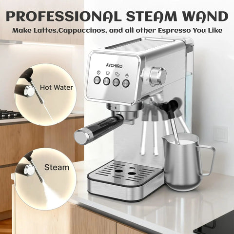 Semi Automatic Espresso Machine With 20 Bar Italian Pump Shooting Thick Rich Crema Paired With A Swift Milk Frother Wand, stainless steel finish, steamer.