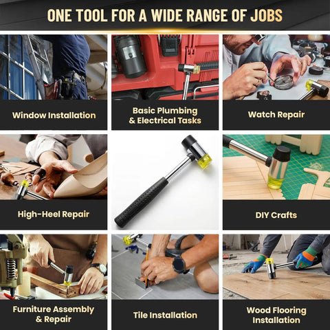 Range of jobs using 25mm Double-Faced Rubber Mallet Hammer With Soft Non-Marring Heads and Non-Slip Grip for various DIY tasks
