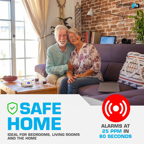 Couple in living room with Low Level Carbon Monoxide Monitor For Home Office Classrooms And Retail Safety on table