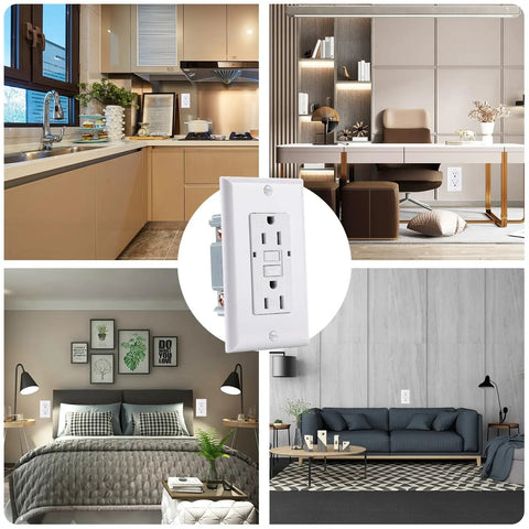GFCI Outlet 2 Pack Tamper Resistant Self Test GFI Receptacle With 2 LED Indicators UL Listed 15 Amp White installed in various rooms.